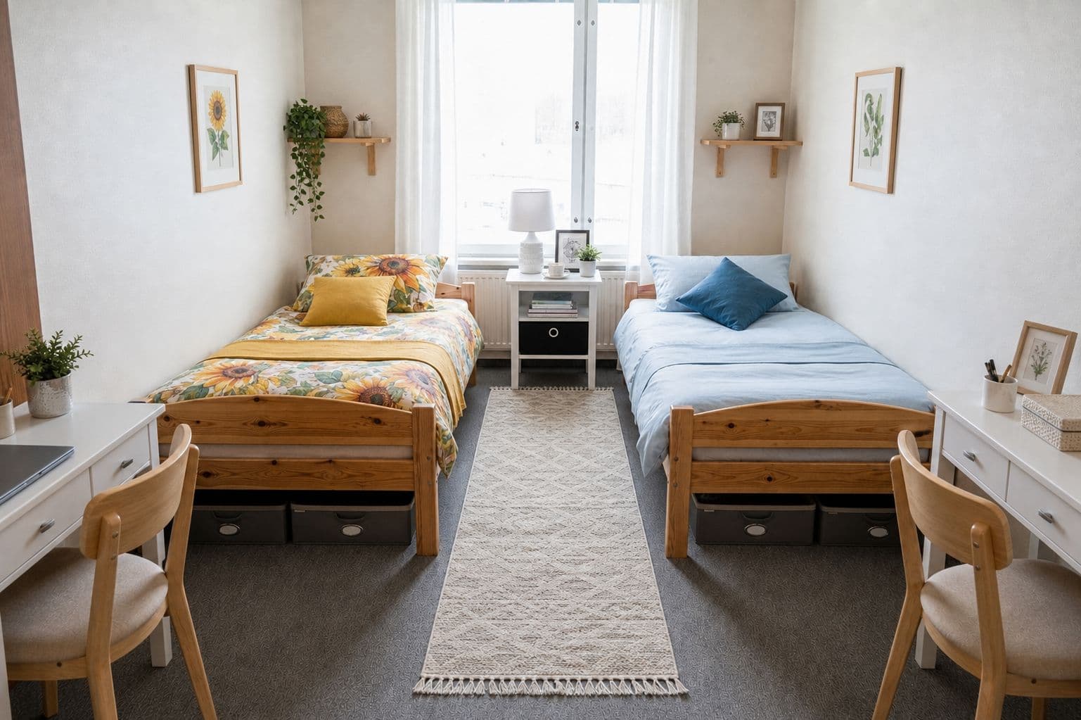 the same double styled scandi-calm with coordinated blue and sunflower bedding, a runner rug, nightstands, and framed art
