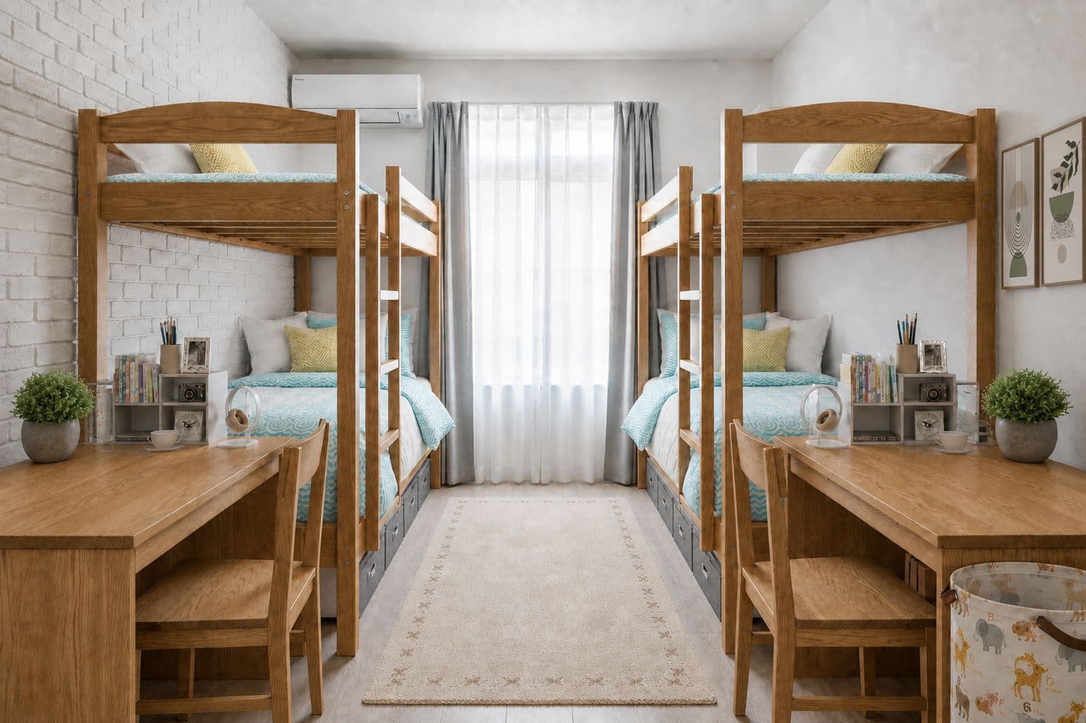 the same double styled calm and warm with matching teal bedding, a center rug, plants, and framed wall art