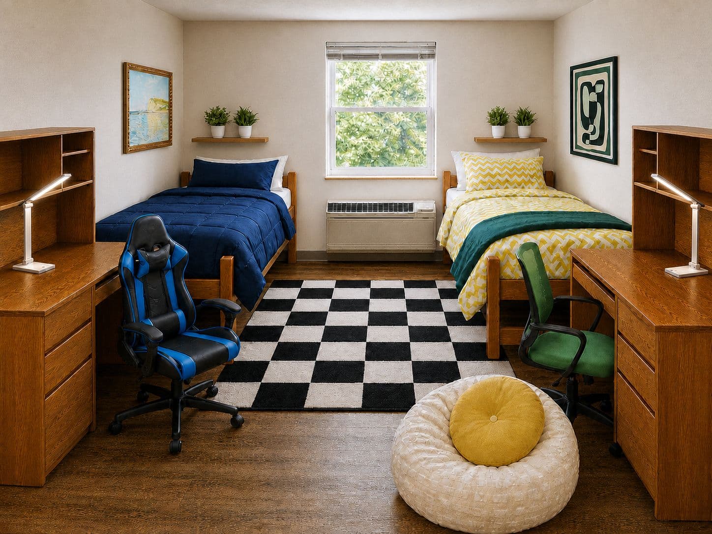 the same double styled co-ed with navy bedding on one side, yellow-and-green on the other, a checkerboard rug, and a shared bean bag