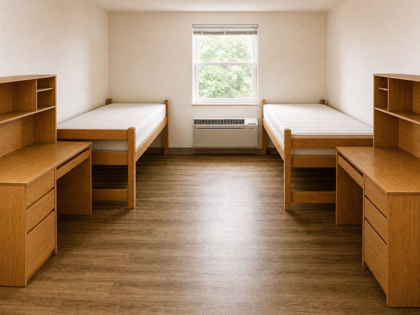 the bare madison co-ed double before styling — two empty twin beds, desks, and blank walls