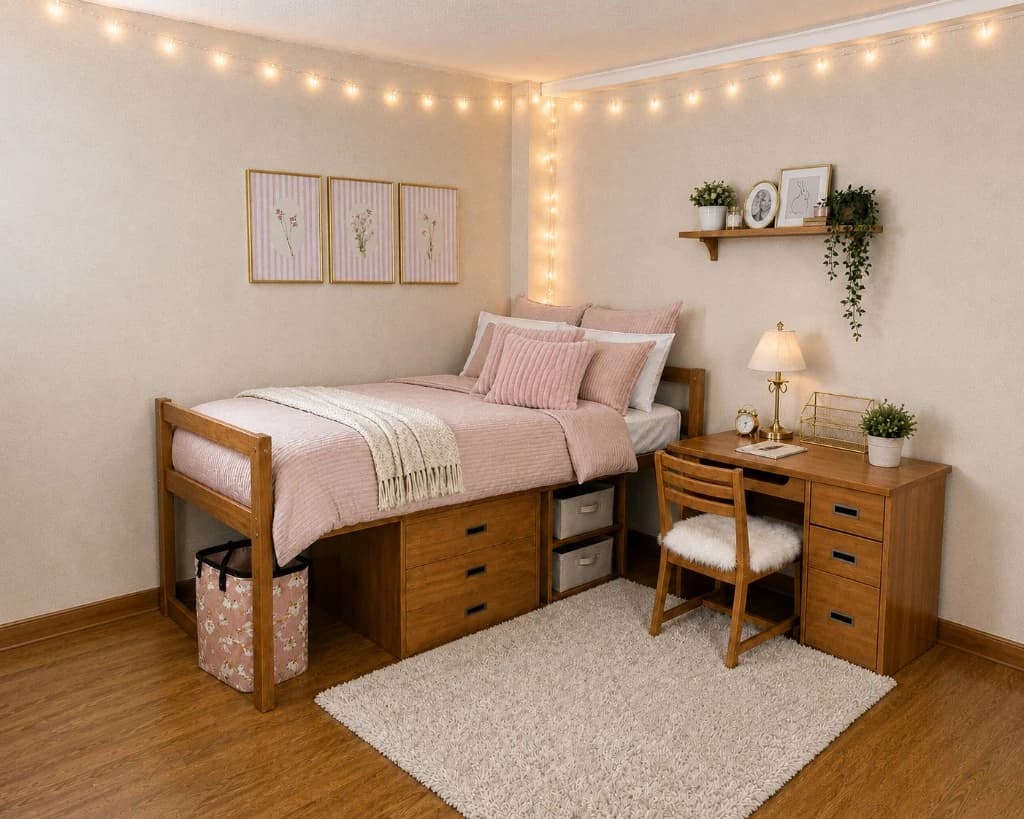 the same single styled blush and gold with a textured pink quilt, fairy lights, framed florals, a shag rug, and a fur-topped chair