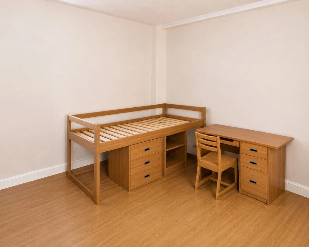 the bare columbia lofted single before styling — an empty loft bed frame, drawers, and desk against blank walls