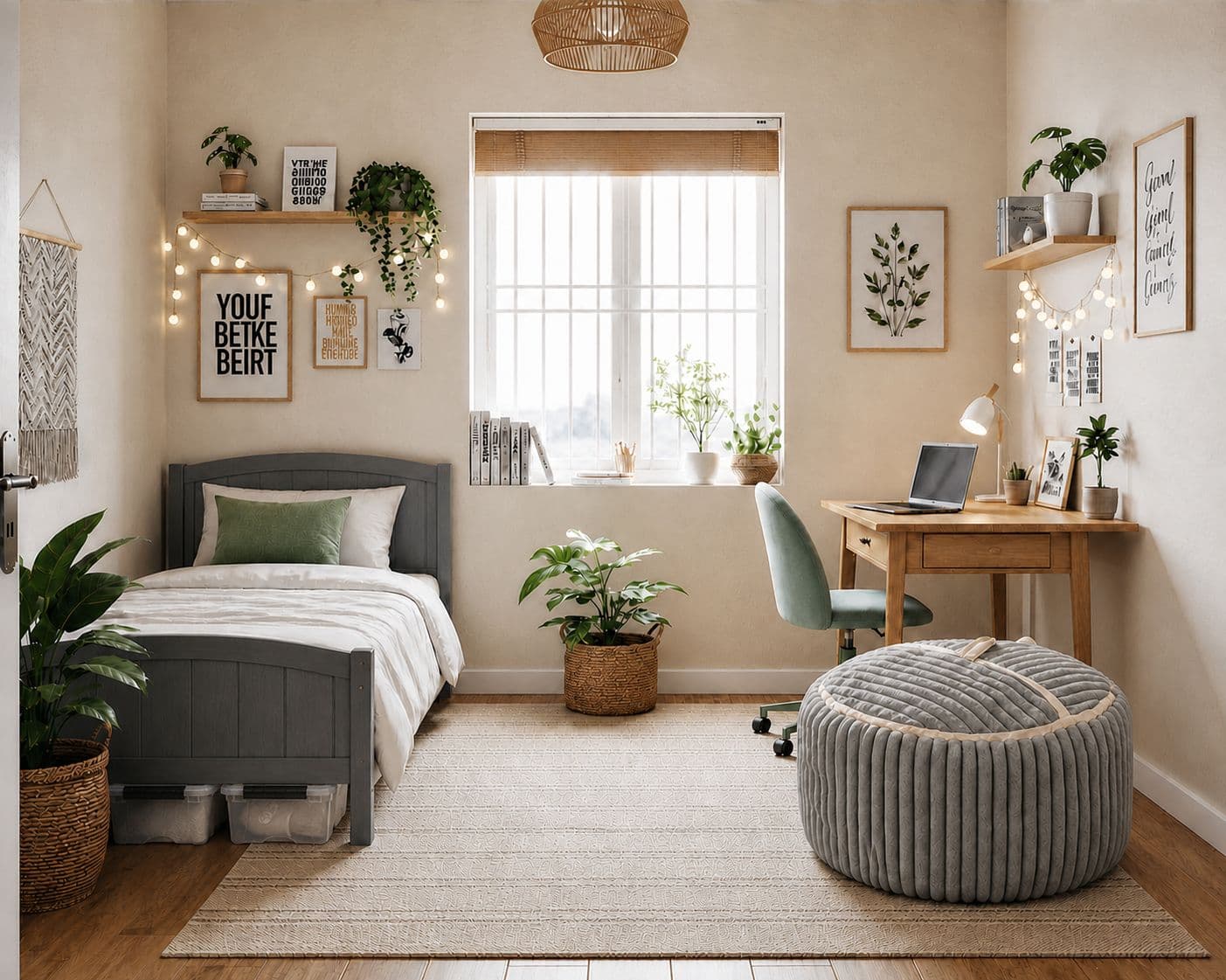 the same single styled boho plant-parent with a low wood platform bed, cream bedding, plants, and warm light