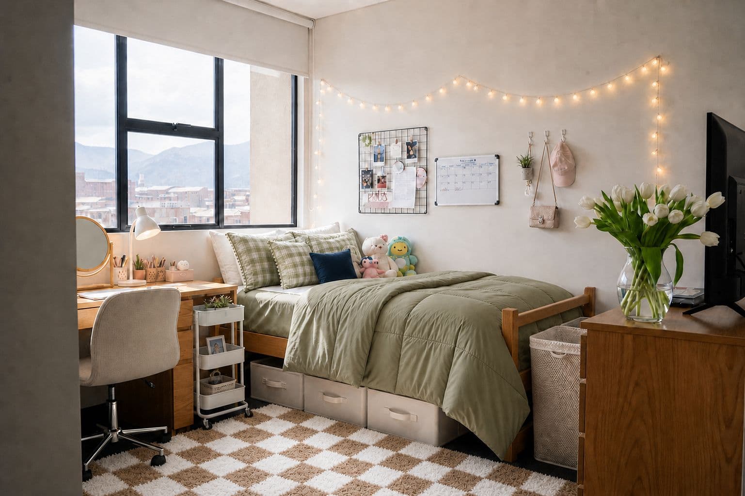 the same single styled warm and cozy with sage bedding, string lights, a checkered rug, and a lit desk