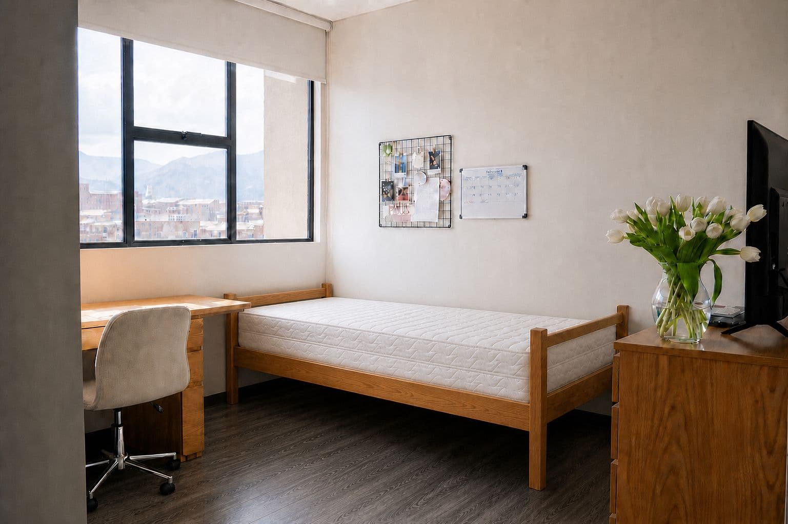 the bare berkeley single before styling — a stripped twin mattress, empty desk, and blank walls