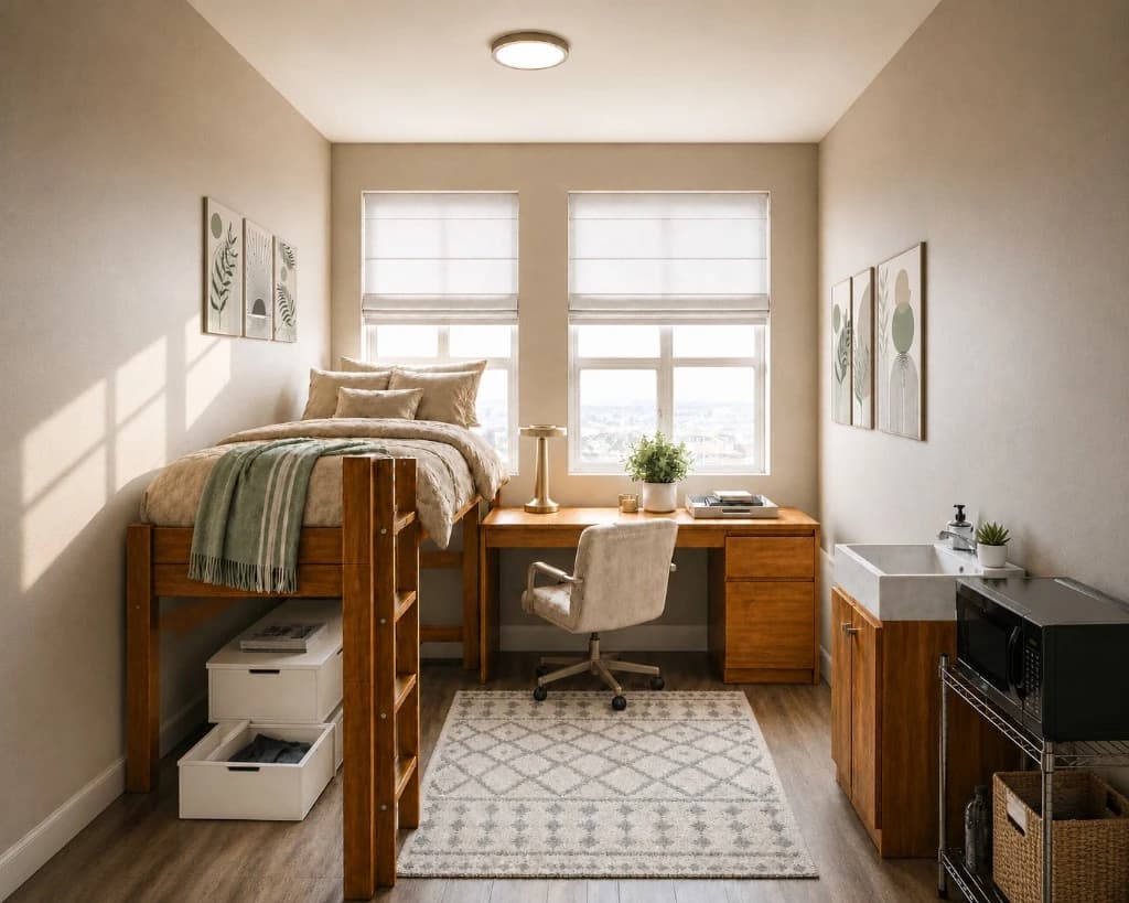 the same room styled warm modern with cream bedding, a sage throw, framed botanical art, a big rug, and a linen desk chair