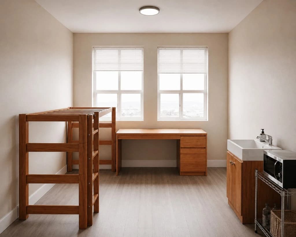 the bare nyc studio-style dorm before styling — an empty loft frame, wood desk, and kitchenette sink