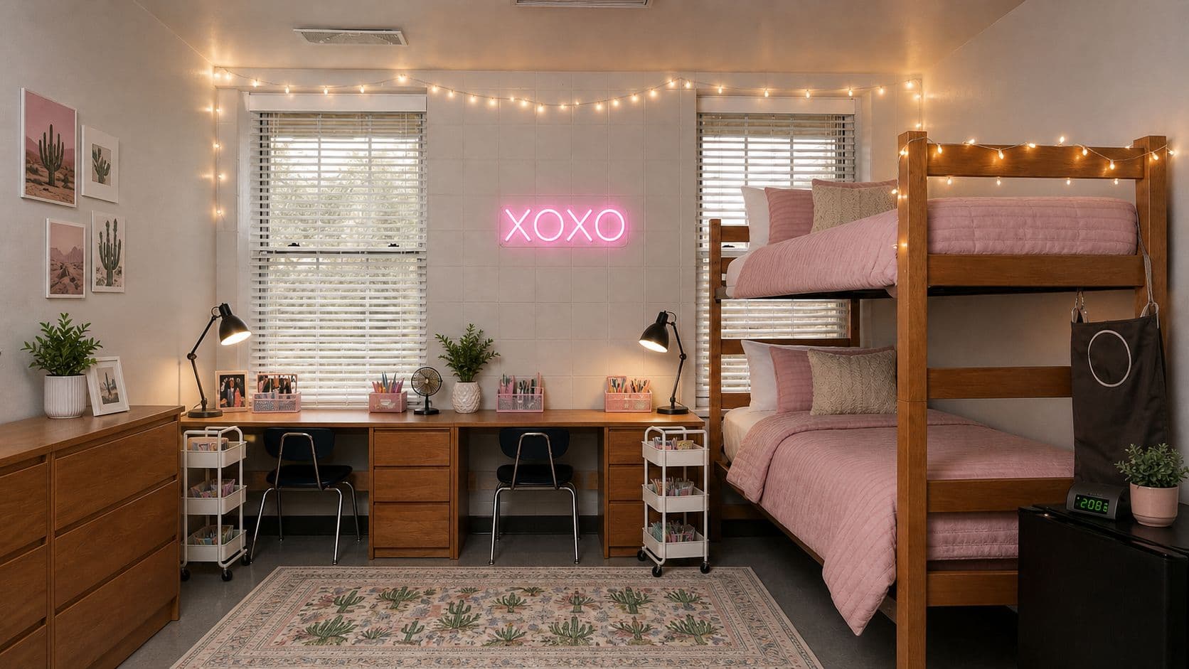 The same dorm room styled warm and cozy with blush bedding, string lights, an XOXO neon sign, a rug, and desk lamps