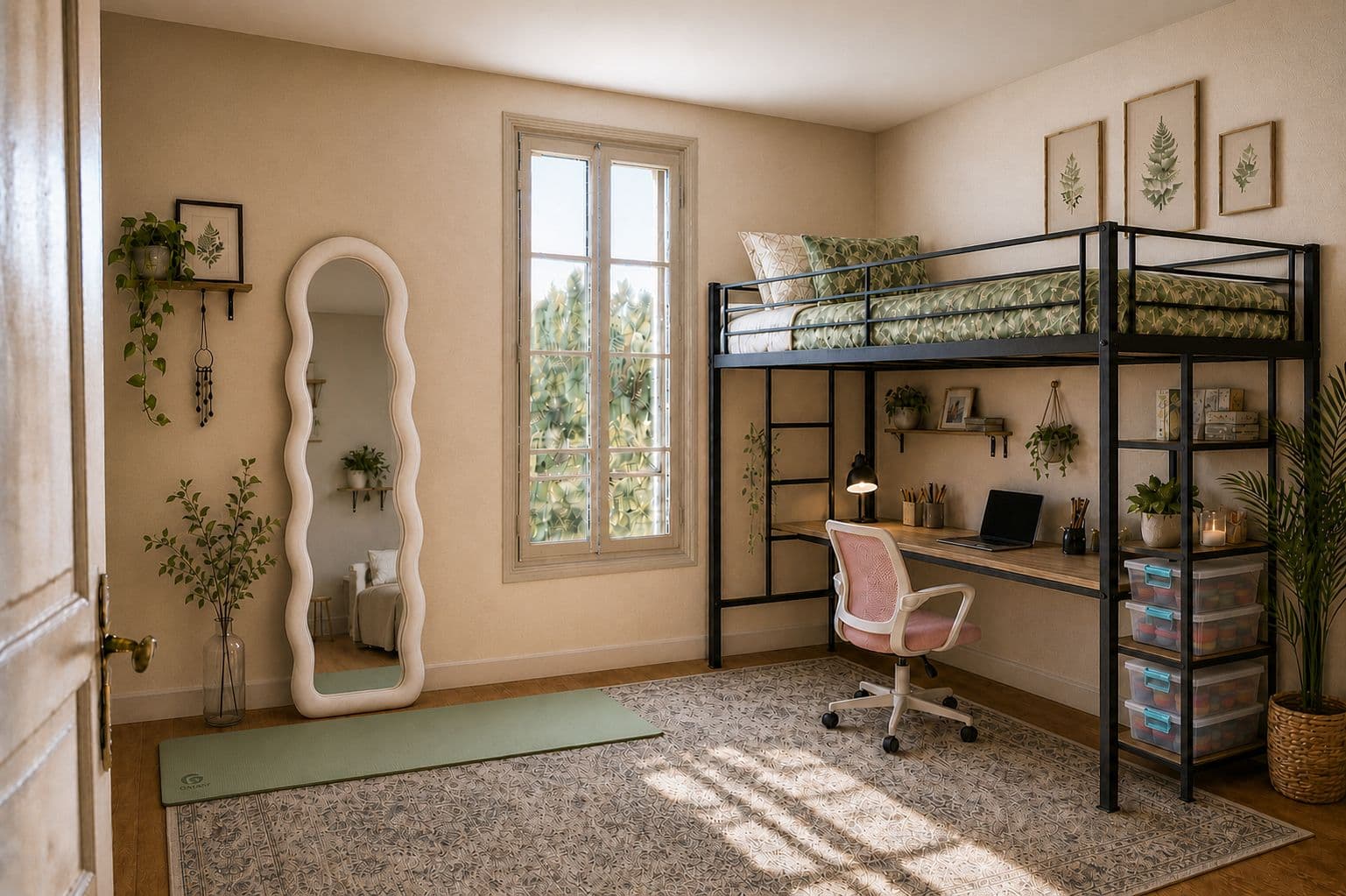 the same room furnished into a calm wellness-study single with a loft bed, desk, rug, and cozy accents